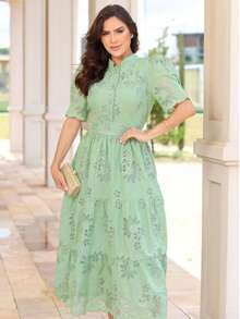 Women's Elegant Floral Embroidered Lace Midi Dress, 100% Cotton, With Puff Sleeves, Front Buttons And Full Skirt - Romantic And Sophisticated Look, Summer 2025 - 淡綠 - 查看 4