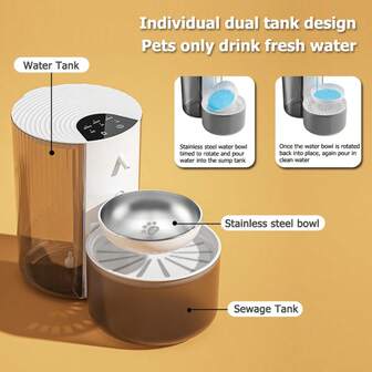 3000ML自动静音猫饮水器，1个自动倾斜猫饮水器，3000ML大容量宠物饮水器，不锈钢碗，USB可充电，运行安静，带锂电池，适用于猫，无生物膜