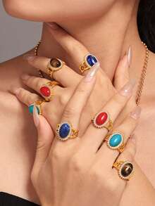 1pc Oval Resin Ring, Stainless Steel Fashion Personalized Ring, Women's Stainless Steel Ring, Women's Accessories, Summer Ring, Jewelry Gift, Beach Resort Ring