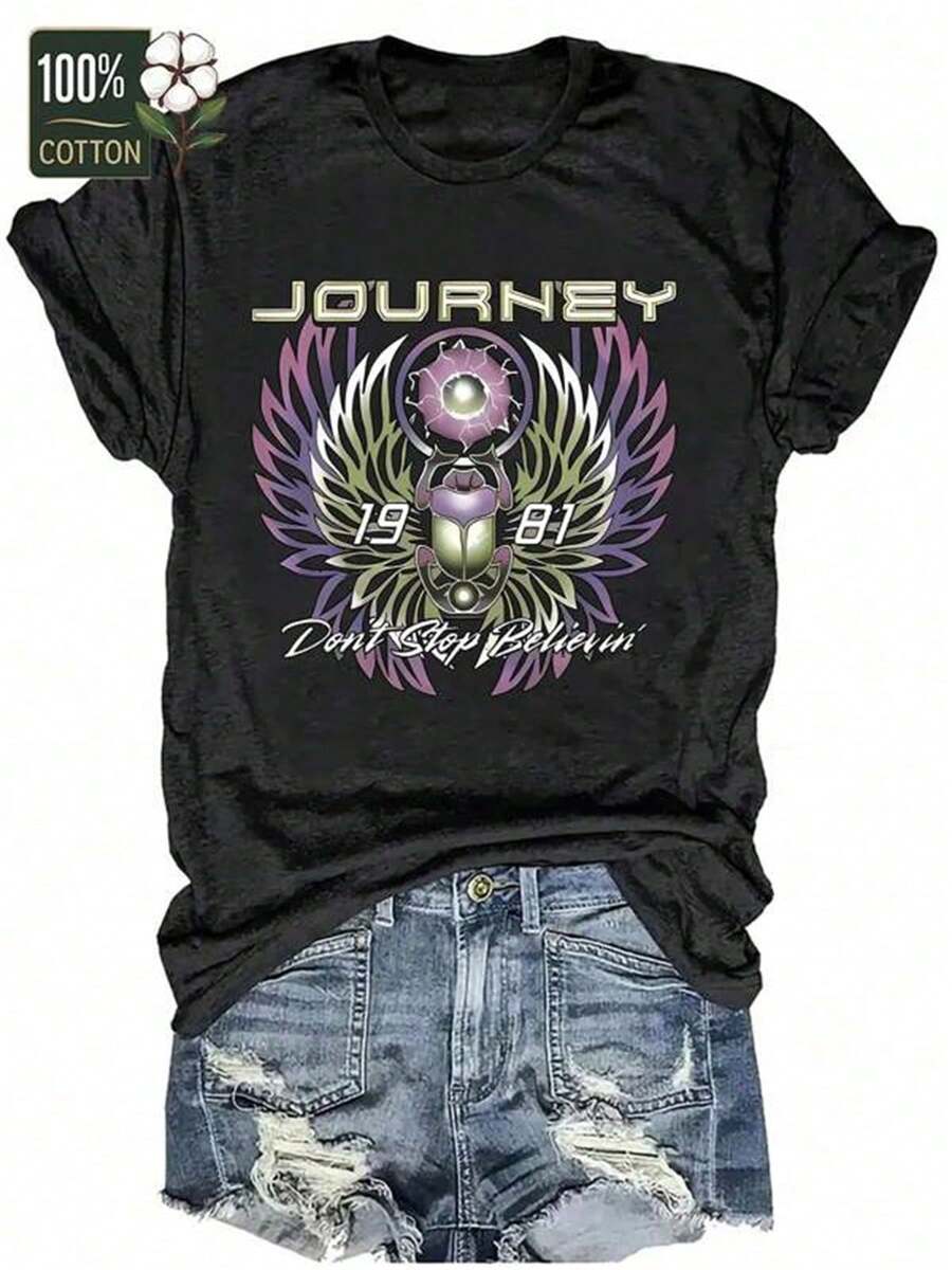 Women's "JOURNEY 1981 Don't Stop Believin'" Retro Band Graphic, Round Neck Short Sleeve Casual Cotton 220g Pattern Printed T-Shirt - 黑色 - 查看 1