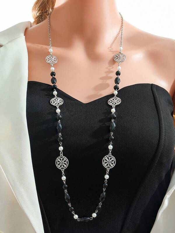 TopHanqi 1 pieza Collar con cuentas de estilo bohemio, cuentas de acrílico negro y colgante de aleación hueca, collar elegante para uso diario, fiesta, viajes, versátil