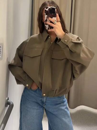 TF.MLN Women's Loose Zipper Bomber Jackets, Long Sleeve Coats, Streetwear, Solid Color Front Button, Suitable For School, Office In Autumn