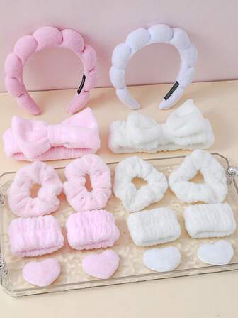 8 Pcs Girls Spa Sponge Headband, Soft Coral Fleece Hairband Wristbands, Plush Furry Scrunchies And Fuzzy Heart Hair Clips Hair Accessories Set For Daily Use