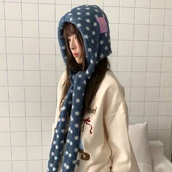 波点甜美毛绒帽，韩版ins风女士冬季帽子围巾二合一，百搭，大头围，美白装饰