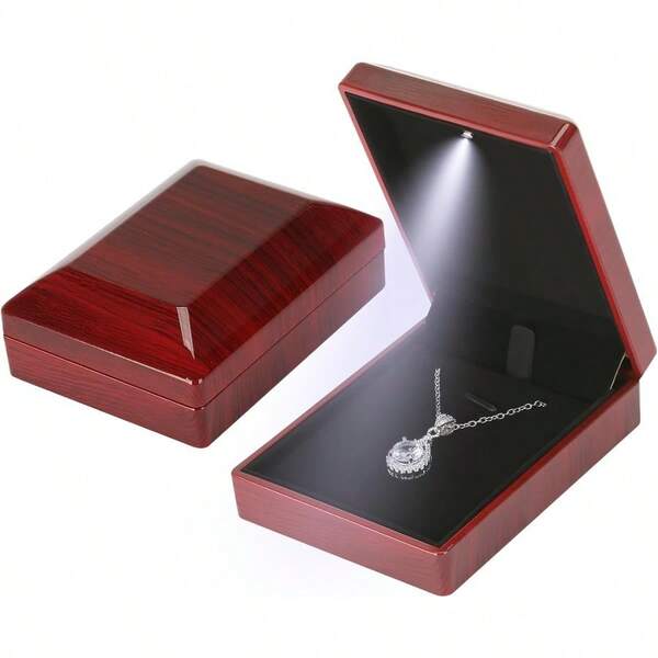 Wooden Jewelry Necklace Pendant Gift Box With LED Light Small Velvet Lining Necklace Bracelet Display Holder Boxes For Wedding Christmas Engagement Birthday Anniversary Style 5