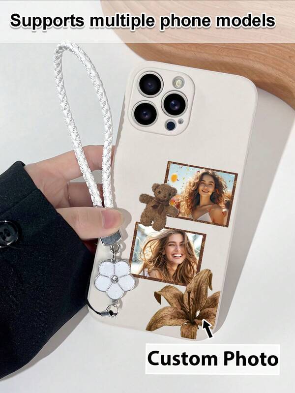 1pc Customizable TPU Phone Case With White Floral Lanyard, Suitable For Anniversary, Valentine's Day, Birthday, Wedding, Mother's Day, Father's Day, Best Friend Gifts, Gifts For Mom/Dad, Boyfriend/Girlfriend, Compatible With Apple/Android/OPPO Phones