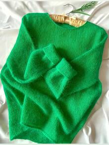 Plus Size Women's Solid Color Crew Neck Long Sleeve Casual Loose Sweater, Super Soft & Comfortable Mohair, Suitable For Summer, Spring, Elegant Dress - Green - View 3