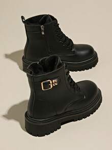 2025冬季女士保暖加绒内衬冬鞋，厚底雪地靴 - 黑色 - 查看 3