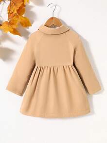 Young Girls Solid Color Casual Thermal Lined Double-Breasted Lapel Long Windbreaker, Autumn/Winter - Khaki - View 2