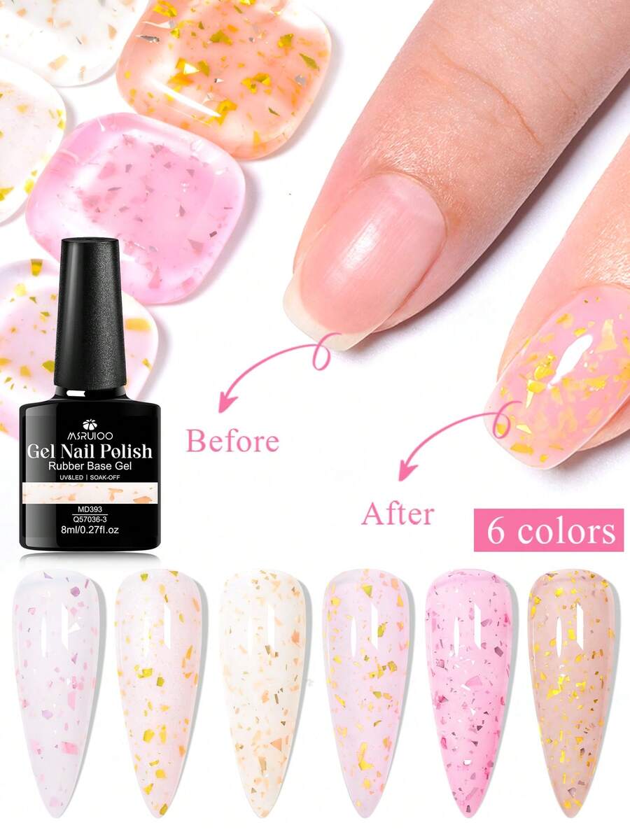 6支装 MSRUIOO 8ml 果冻橡胶底油套装 - 金箔闪粉指甲油，半永久可卸 LED 指甲油，持久亮泽，适合家庭和美甲沙龙使用 - 彩色 - 查看 1