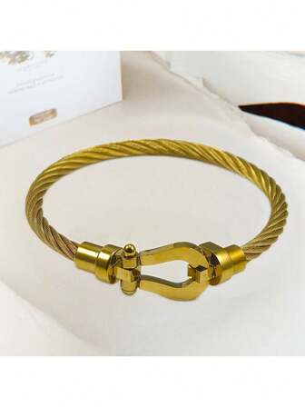 1pc European & American Style Leather Cord Bracelet With Stainless Steel Horseshoe Clasp, U-Shaped Fashion Luxury Bracelet For Men