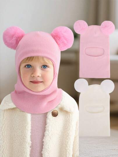 1 pieza Gorro de punto con doble pompón suave y cálido de unicolor para niños de 1 a 8 años, adecuado para uso al aire diario, otoño/invierno