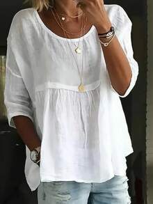 Women's White Linen Boat Neck Shirt - 3/4 Sleeve Round Neck Short Sleeve Top, Loose Casual Elegant Blouse Style Shirt, Breathable All-Season Versatile Shirt, Solid Color Loose Fit With Ruffled Cuff Details, Hand Washable Linen Shirt - 白色 - 查看 5