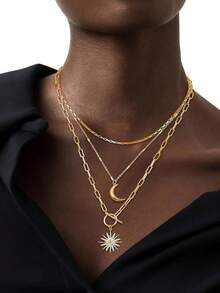 3Pcs Layered 14K Gold Plated Necklaces For Women Dainty Necklace Stack Silver Plated Non Tarnish Free Pendant Chunky Chain Pearl Paperclip Cross Heart Necklace Set For Women - 14K鍍金項鍊+月亮 - 查看 5