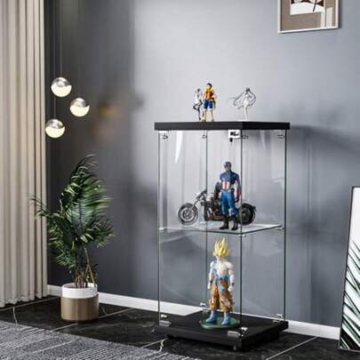 Glass Display Cabinet With Lockable Glass Doors 2Tier Floor Standing Showcase Unit For Collectibles Home Or Commercial Use Living Room Bedroom Office 42.3x36.5x86.5cm Black