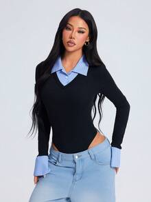 Bộ đồ liền thân 2 trong 1 phối màu, thanh lịch, gợi cảm dành cho nữ, áo thun dài tay cổ chữ V ve áo kẻ sọc xanh dương, thích hợp cho mùa thu đông, xu hướng thời trang thu mới, trang phục mùa xuân cho nữ, quà tặng ngày lễ, tiệc tùng, quà sinh nhật, lễ Phục sinh, trang phục Ngày của Mẹ màu đen. - màu đen - Xem 4