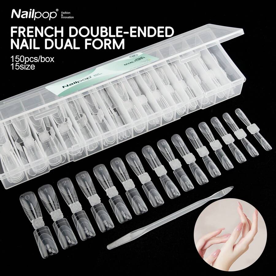 New French Double-Ended Nail Dual Form Extension Mold For For Poly Gel/Builder Gel/Hard Gel Square/Coffin/Oval Transparent Quick-Building Gel Acrylic Nail Moulds Suitable For Home Manicure DIY Design 150Pcs/15Size - 無色 - 查看 1