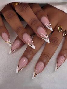 24 piezas de uñas postizas estilo francés stiletto/almendra - Juego de uñas acrílicas blancas y doradas de estilo Y2K, adecuado para uso diario de mujeres/niñas, decoraciones de fiesta y regalos de Año Nuevo.