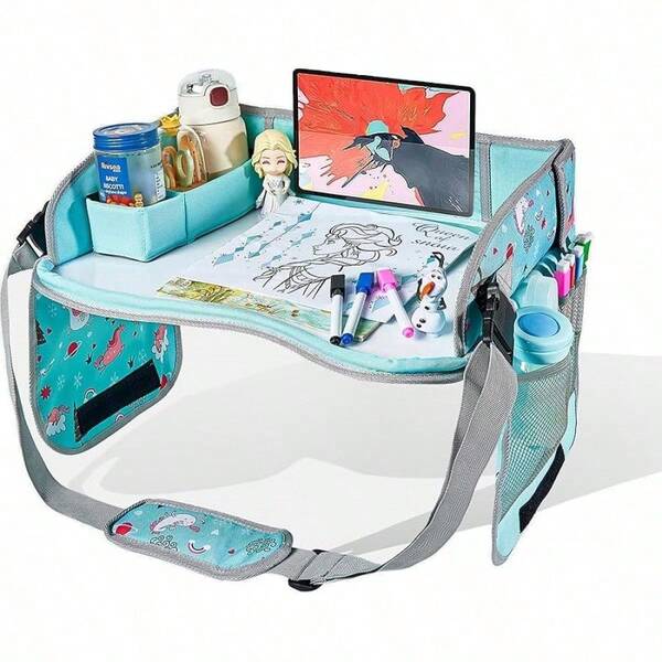 Bandeja de Viaje para Niños, Plegable Bandeja para Asiento Coche, Mesa de Computadora con Soporte para, Viajes por Carretera para Coche, Avión (Azul)