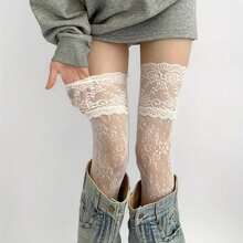 1 Pair Of Elegant Gothic Lace Over-The-Knee (OTK) Fishing Net Socks For Ladies - Transparent Pantyhose With Ruffles And Striped Patterns, Comfortable Support Design, Suitable For Casual, Party And Daily Wear - Sexy Statement Leg Accessories With Lace Details, Hand Wash Or Dry Clean, Spring And Summer Season Multi-Functional For Home, Outdoor And Party Use (Black/White) - Suitable For Theme Events And Daily Use, Sexy Stockings For Women - Xám - Xem 5