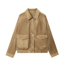 女士休闲时尚街头麂皮宽松翻领口袋夹克，适合秋冬季日常通勤 - 卡其色 - 查看 6