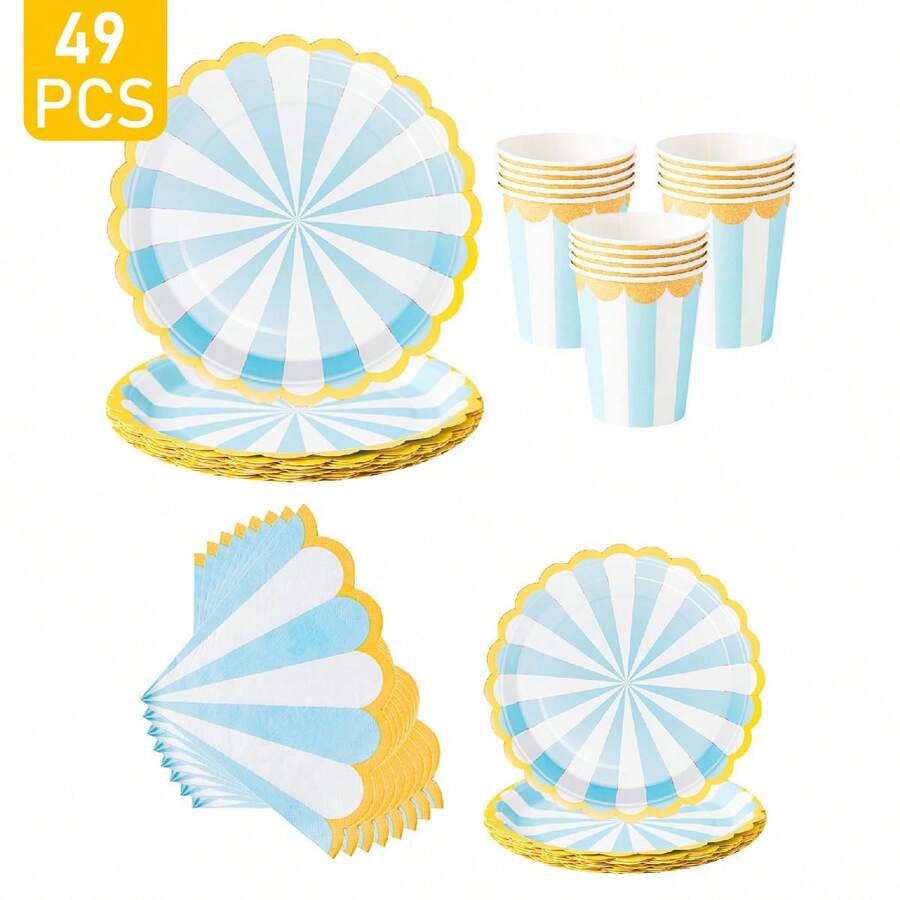 Juego desechable de plato con forma de pétalo a rayas azul y blanco, servilleta y vaso, platos, servilletas y vasos para fiestas, sirve a 8 invitados, platos de papel desechables para fiestas, vajilla adecuada para cumpleaños, bodas, fiestas temáticas, picnics familiares - Multicolor - Ver 1