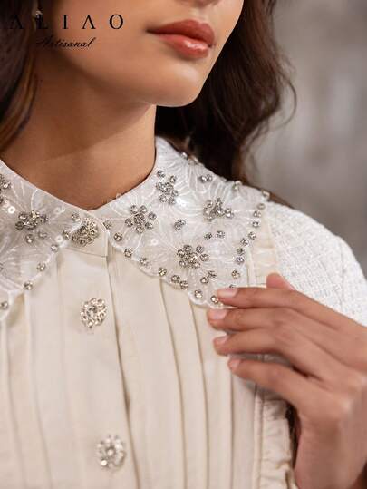 Elegante Lapel Rhinestoned ate Cinched Waist Milky Wit Suit Dress, Modest, Fall, Everyday Wear, Wedding Guest Dress Women, Event, Old Money Court Outfit, Shiny view 2