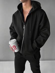 This Men's Hoodie Features A Zipper Design, A Closed Hem, And A Drawstring. It Has A Solid Color Design And A Long Sleeve Style. Suitable For Graduation Season, Collegiate/Street Style, And Can Also Be Paired With Autumn Hoodies. It Is An Ideal Choice For Autumn Wear. - Black - View 3