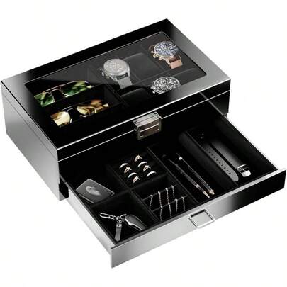 Lacquered Wooden Men's Jewelry Box, 6 Slots Watch And Box Organizer Men, 2 - Tier Watch Holder Display Cases With Glass Top And Storage Drawer - Black