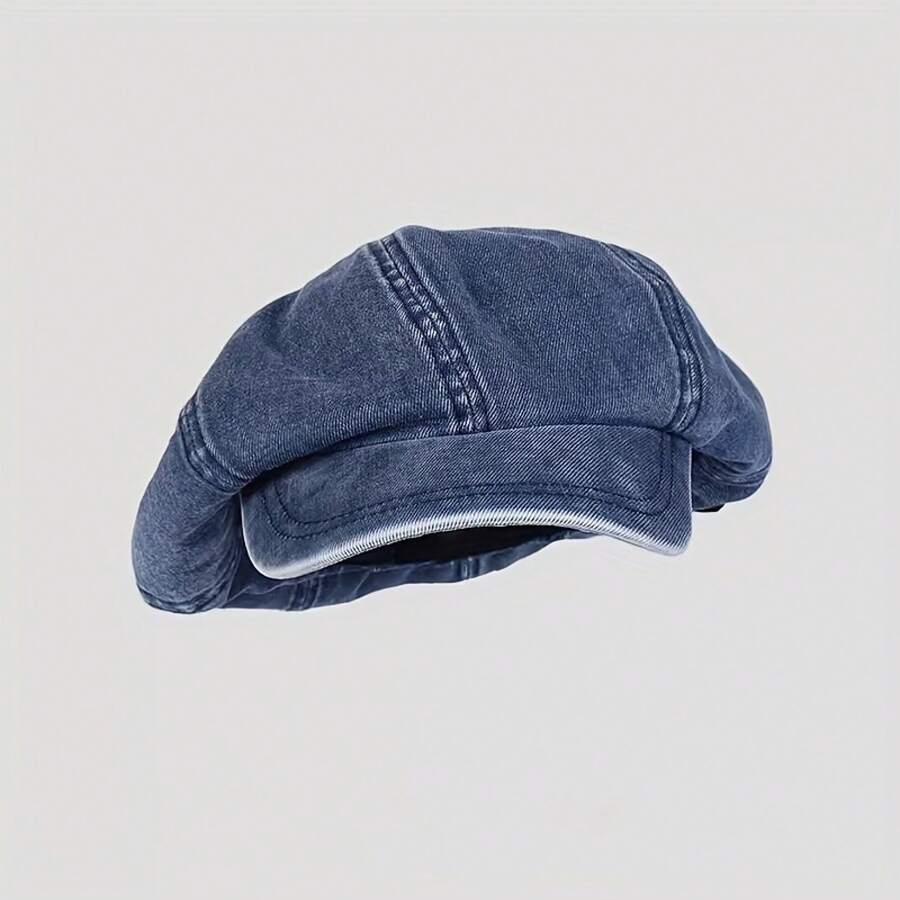 Vintage Washable Solid Color Distressed Denim Beret - Perfect For Newsboy Style! - 深藍色 - 查看 1