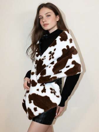 1pc Faux Fur Cow Print Shawl Scarf, Extra Long One-Shoulder Cloak Poncho, Suitable For Bridal Wedding, Evening Gown, Autumn/Winter Versatile Outerwear