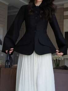 女士优雅纯色单排扣西装外套，梭织面料，带假口袋 - 黑 - 查看 8
