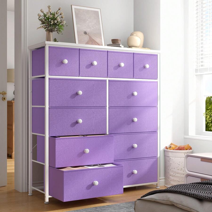 EnHomee Dresser For Bedroom With 12 Fabric Drawers, Tall Dresser With Wooden Top & Metal Frame, Bedroom Dresser, Dressers & Chests Of Drawers, Room Decor, Home Deco, Festival Decor, Purple - 紫色 - 查看 1