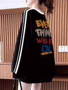 女款棉质双条纹撞色罗纹侧条纹镶嵌撞色细边休闲学院风圆领运动衫