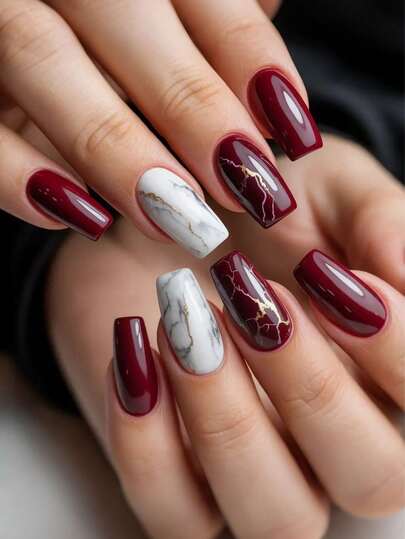 24 pezzi Unghie finte quadrate lunghe con effetto marmorizzato rosso borgogna e bianco, con foil dorato geometrico e effetto craquelé, per donne