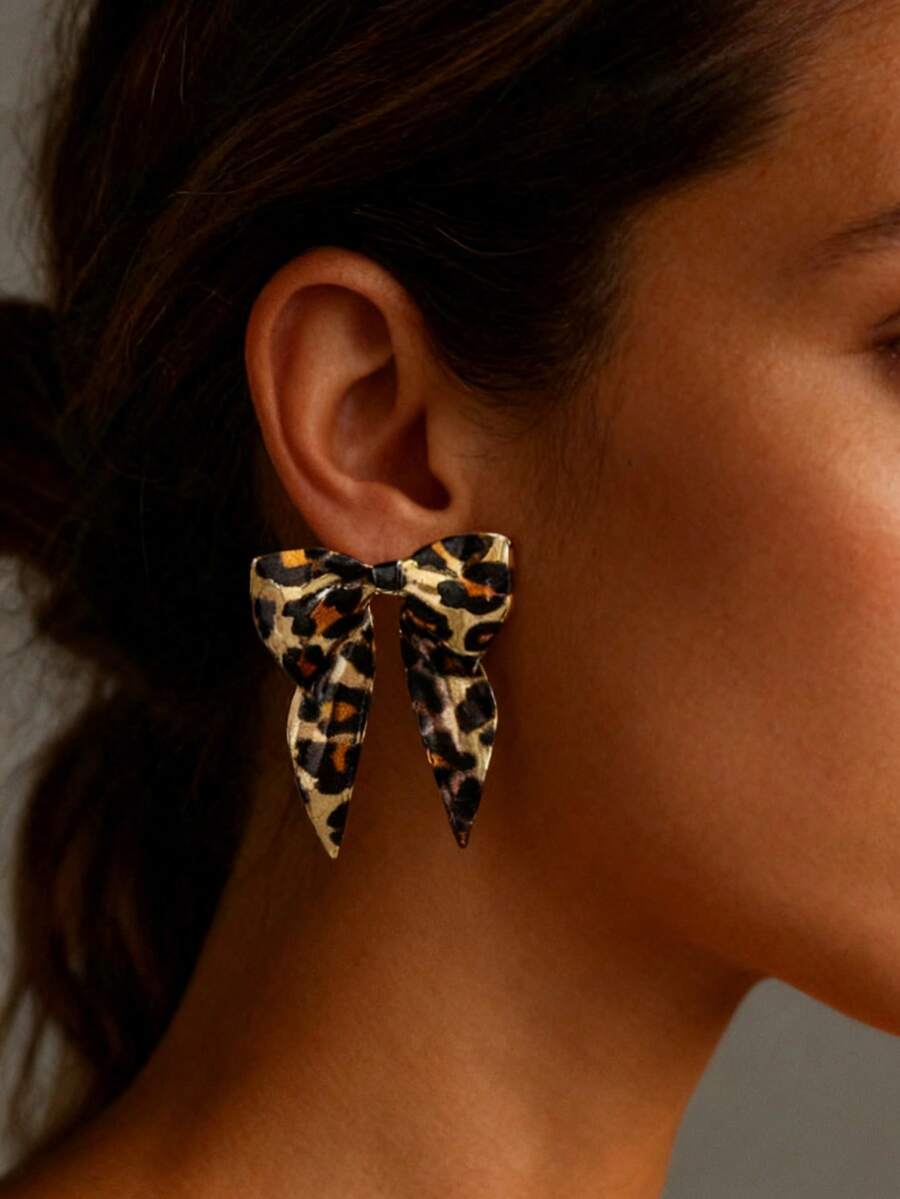 1 对动物豹纹蝴蝶结耳环情人节、妈妈、母亲、母亲节、礼物 - 彩色 - 查看 1