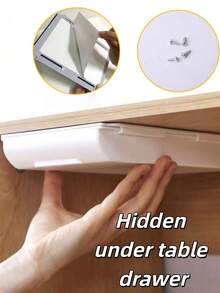 1pc Private Drawer, Under Desk Drawer, Self Adhesive Pen Pencil Tray, Hidden Under Table Storage Box, Sliding Compartment Organizer For Home Office School Study Room Desk Storage Organization. - Grey - View 3
