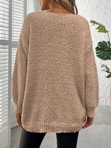 Plus Size Solid Color Crew Neck Casual Long Sleeve Knit Sweater - Khaki - View 3