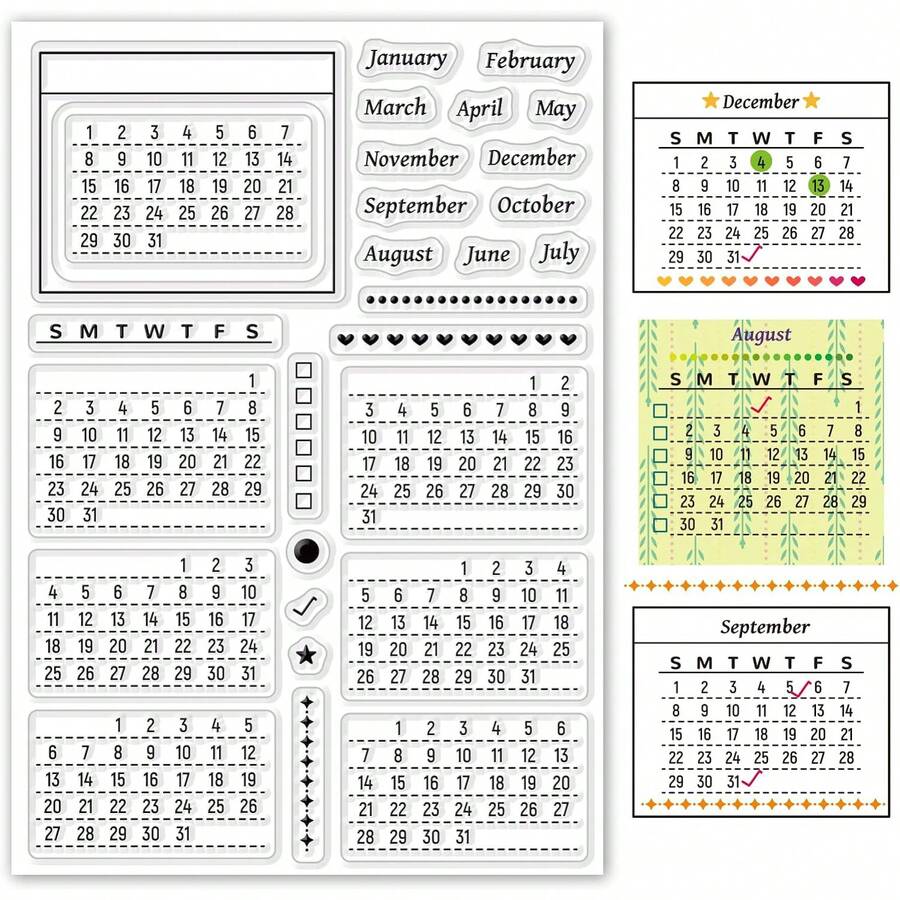 1件透明日历计划印章套装，混合周/月/年硅胶印章，适用于卡片制作、装饰和DIY剪贴簿