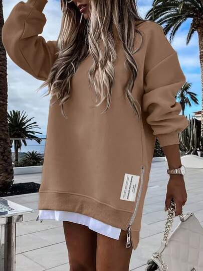 ChicMe Women's Oversized Sweatshirt Dress Long Sleeve Pullover Letter Patch 2 In 1 Drop Shoulder Side Zipper Casual Streetwear
