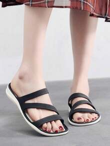 1双女士ins风软底防滑拖鞋，EVA透气一脚蹬拖鞋，适合沙滩、泳池、派对、休闲户外穿着 - 黑色 - 查看 6