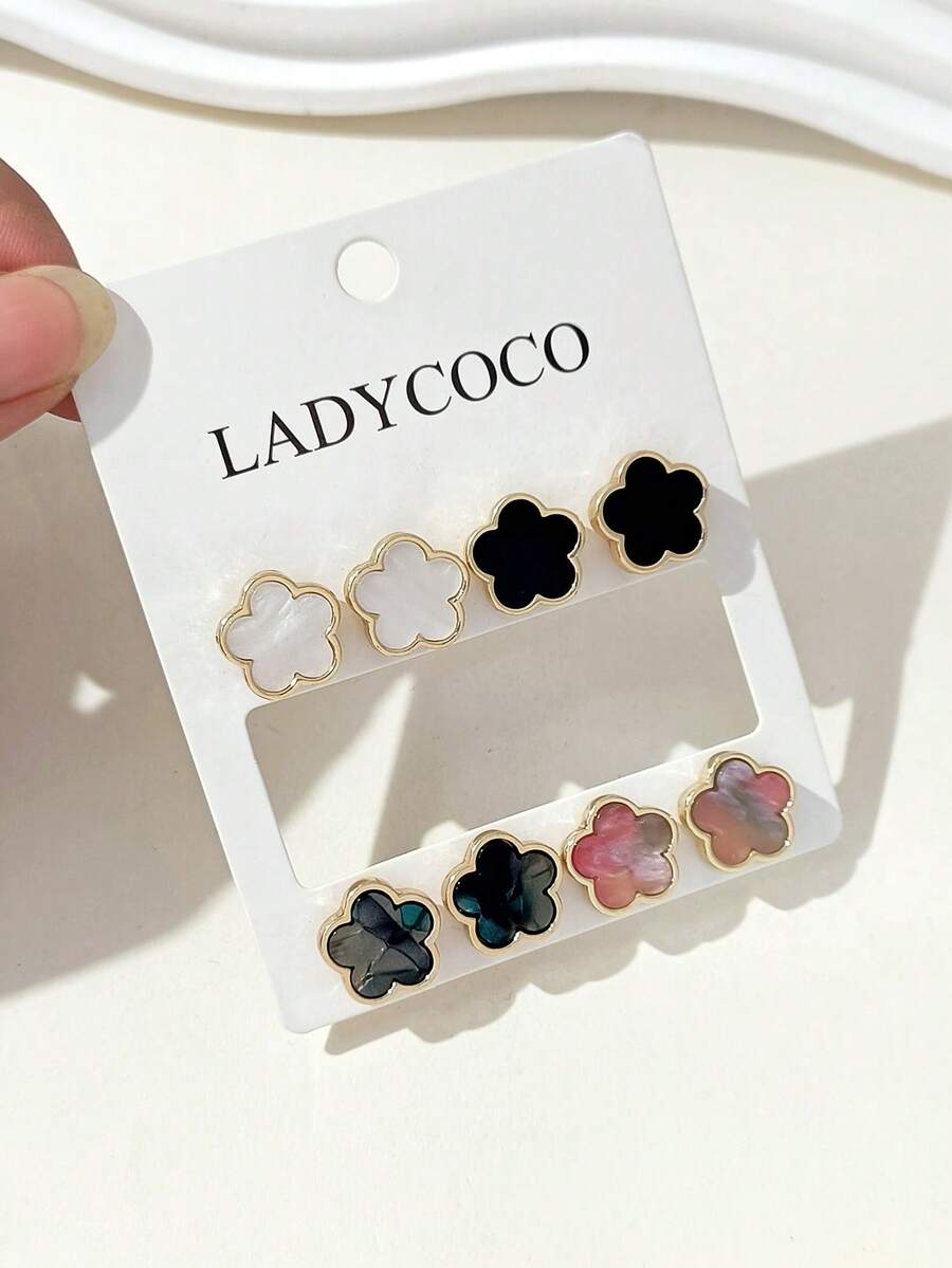 4 pares de elegantes y de moda aretes de trébol de la suerte multicolor, adecuados para el uso diario de las mujeres - Multicolor - Ver 1