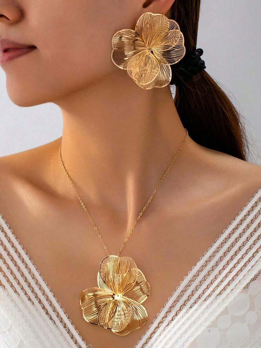 3pcs/Set Vintage Elegant Metallic Gold Textured Floral Pendant Necklace & Earrings Set, Suitable For Women's Daily, Party, Holiday, Gift - 黃金 5 - 查看 1
