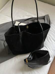 2026春季新款咖啡棕色绒面复古包，大容量单肩包，带小口袋和腋下袋，商务休闲日常通勤包，适合工作、购物、约会、旅行、大学生等各种场合，女士手提包，日常使用 - 黑色 - 查看 9