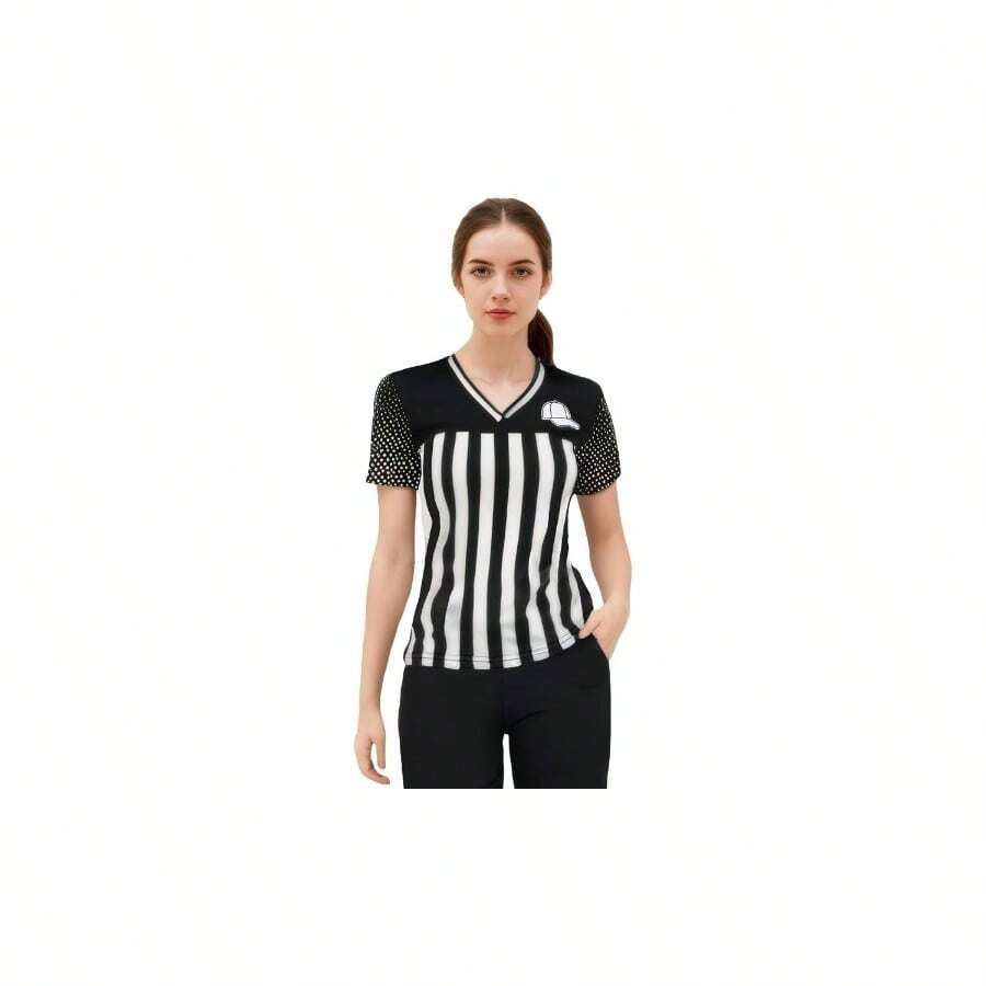 Official Black White Stripe Referee Shirt Collar Classic Umpire Jersey Short Sleeve Ref Jersey Women - Black & White-short Sleeve Collar + Large - View 1