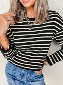 Acelitt Women's Brown Striped Print Ribbed Crew Neck Long Sleeve All-Match T-Shirt, Versatile For Autumn/Winter - Black - View 1