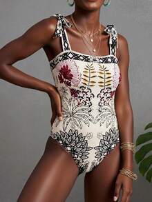 1 bộ đồ bơi hở lưng in họa tiết chắp vá gợi cảm xoắn bất đối xứng/bất đối xứng, kỳ nghỉ bãi biển mùa hè - Nhiều màu - Xem 5