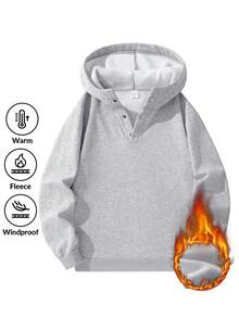 Men's Fleece Hooded Warm Shirt, Minimalist Solid Color, Elastic Cuffs, Classic Button Design, Comfortable To Wear. - Light Grey - View 9