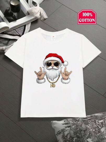 1pc Christmas Hip-Hop Santa Print T-Shirt For Kids, 100% Cotton Crew Neck Short Sleeve Tee, Casual Knit Fabric With Slight Stretch, Regular Fit Top For Children, Spring/Summer Holiday Gift