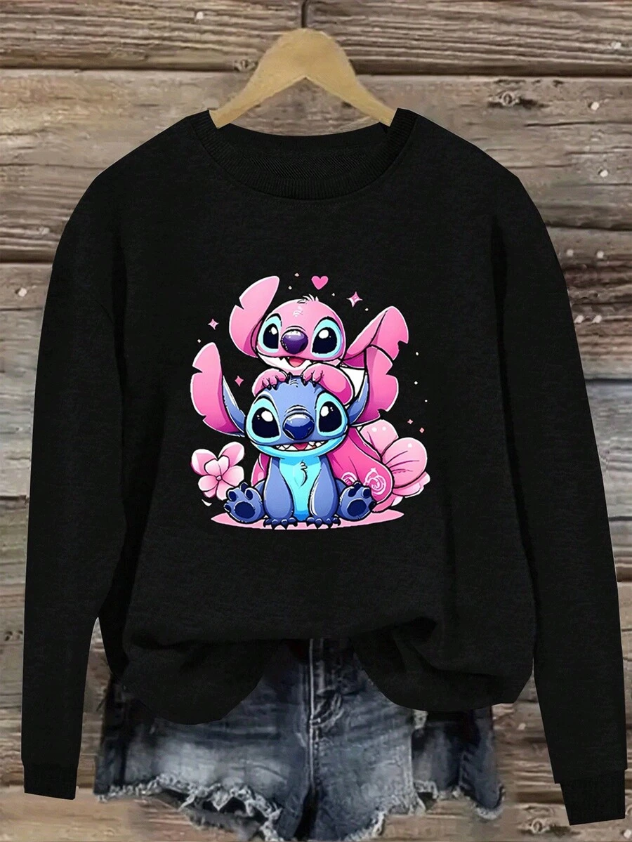 Women'S Stitch & Lilo Graphic Sweatshirt - Cute Cartoon Print Pullover With Heart & Stars, Cozy Crew Neck, Long Sleeve, Casual Fall/Winter Wear, Perfect Gift For Friends, Cute Sweatshirts, Fall Winter Apparel, Playful Design, Comfortable Fit - Black - View 1